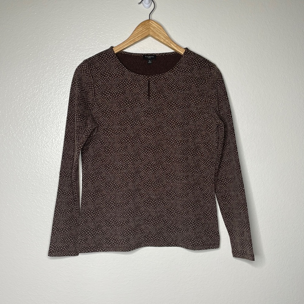 Talbots Long Sleeve Shirt Keyhole Blouse‎ sz Medium Petite Brown